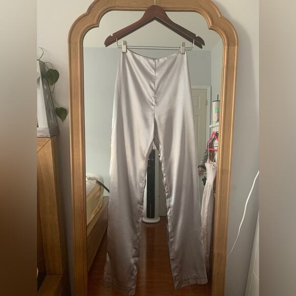 HOUSE OF CB Emiliana Silver Smokey Grey Silky Satin Trousers Tailored Pants - Picture 5 of 8